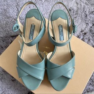 Prada Vernice saffiano sandal baby blue wedge US 7